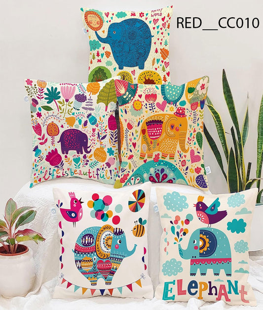 Multicolor Elephant Cushion Covers (5 pcs, 16x16)(RED__CC0010) - Royal events&decors #