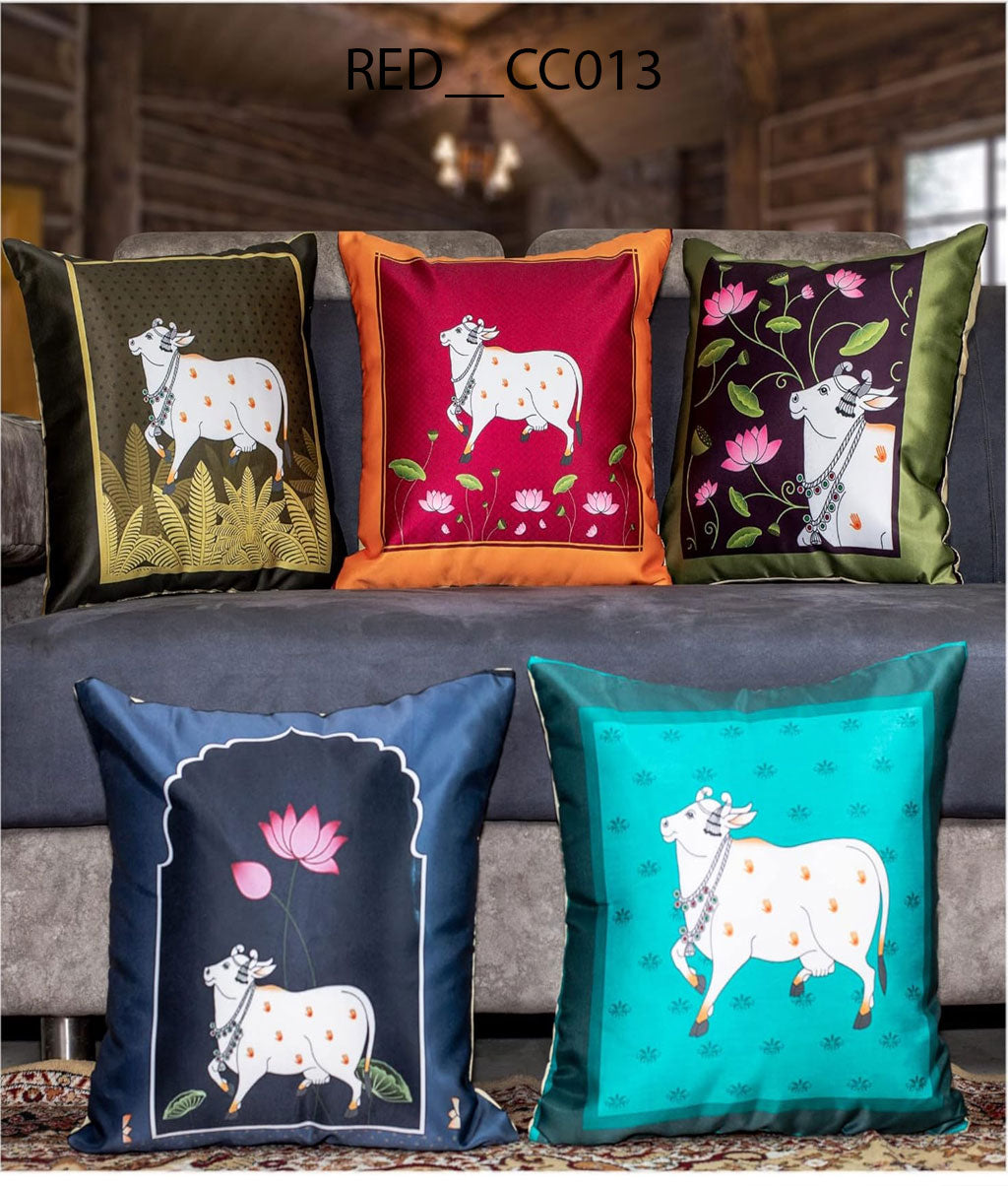 Satin Cow Pichwai Cushion Covers Set of 5 (16x16) (RED__CC015) - Royal events&decors #