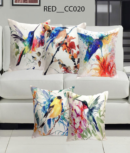 Premium Jute Digital Printed Cushion Pillow Cover, Set of 5 (16x16 Inch, Multi-Birds) - Royal events&decors #