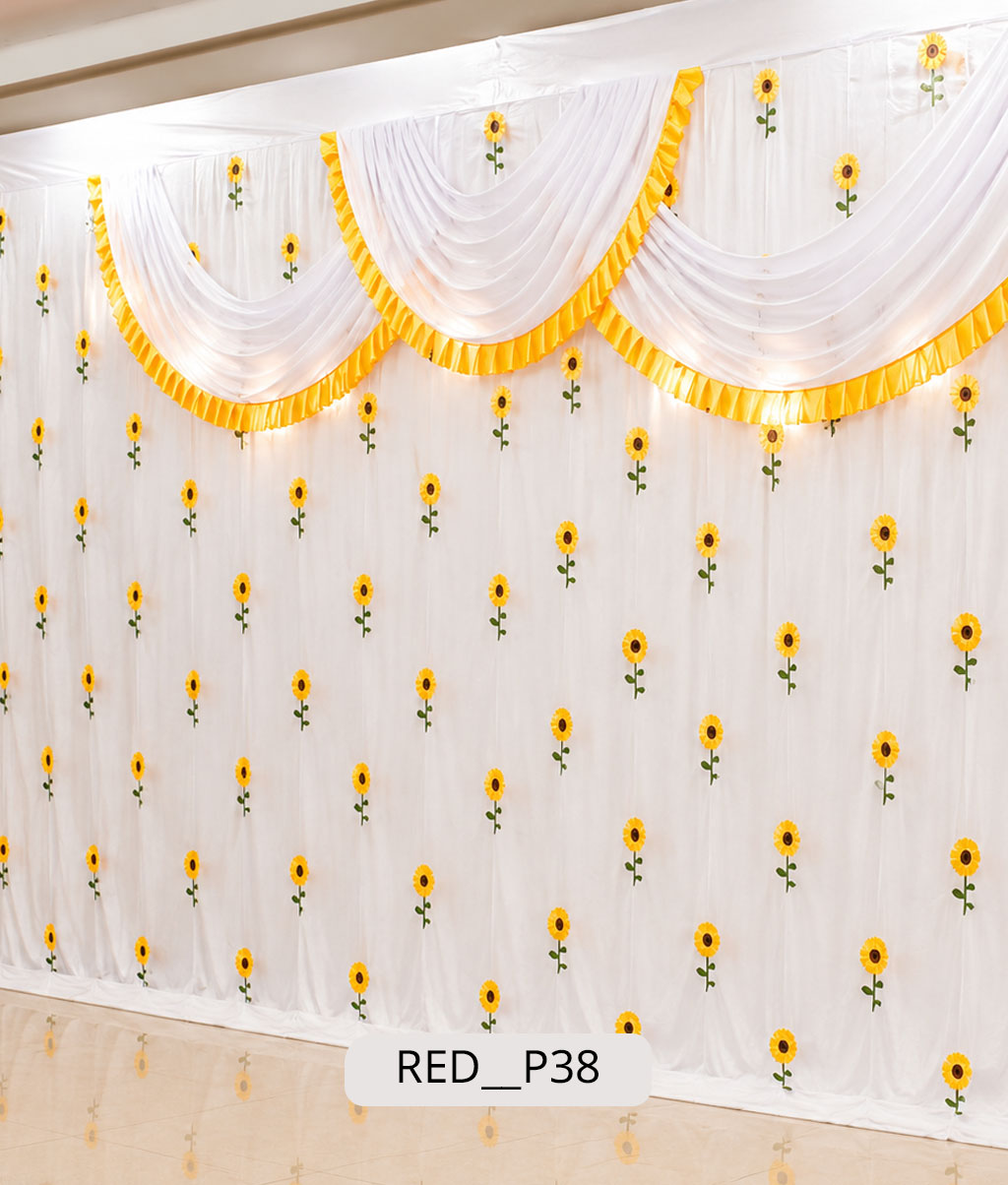 Elegant White Satin Sunflower Motif Haldi Stage Curtain