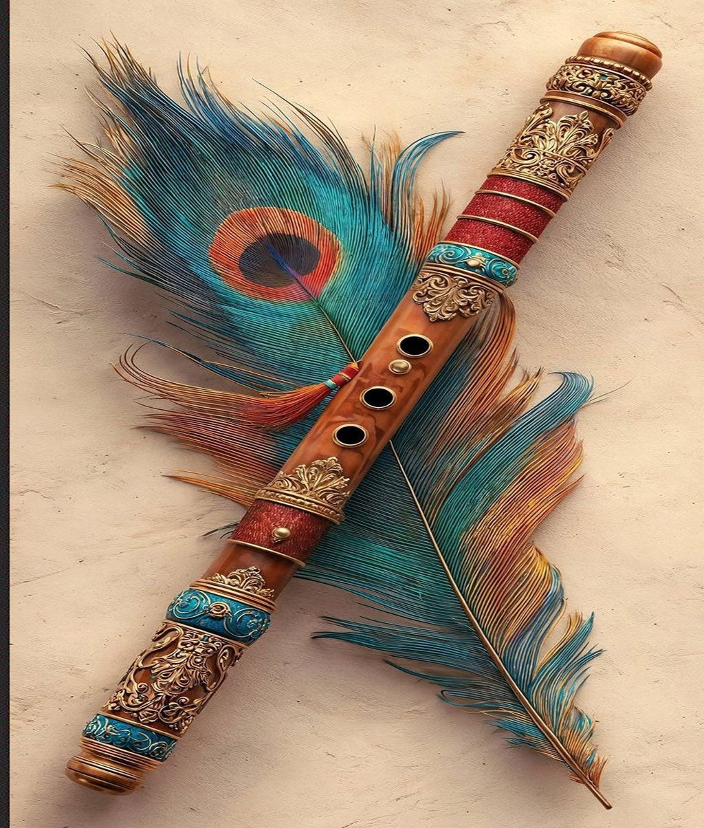 Krishna Flute Wall Hanging with Peacock Feather