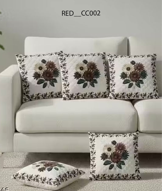 Set of 5 Velvet Quilted Cushion Covers 16x16 Inch Soft Printed Sofa Pillow Covers for Living Room Bedroom Home Decor (Cream Floral Design)(RED_CC002) - Royal events&decors #