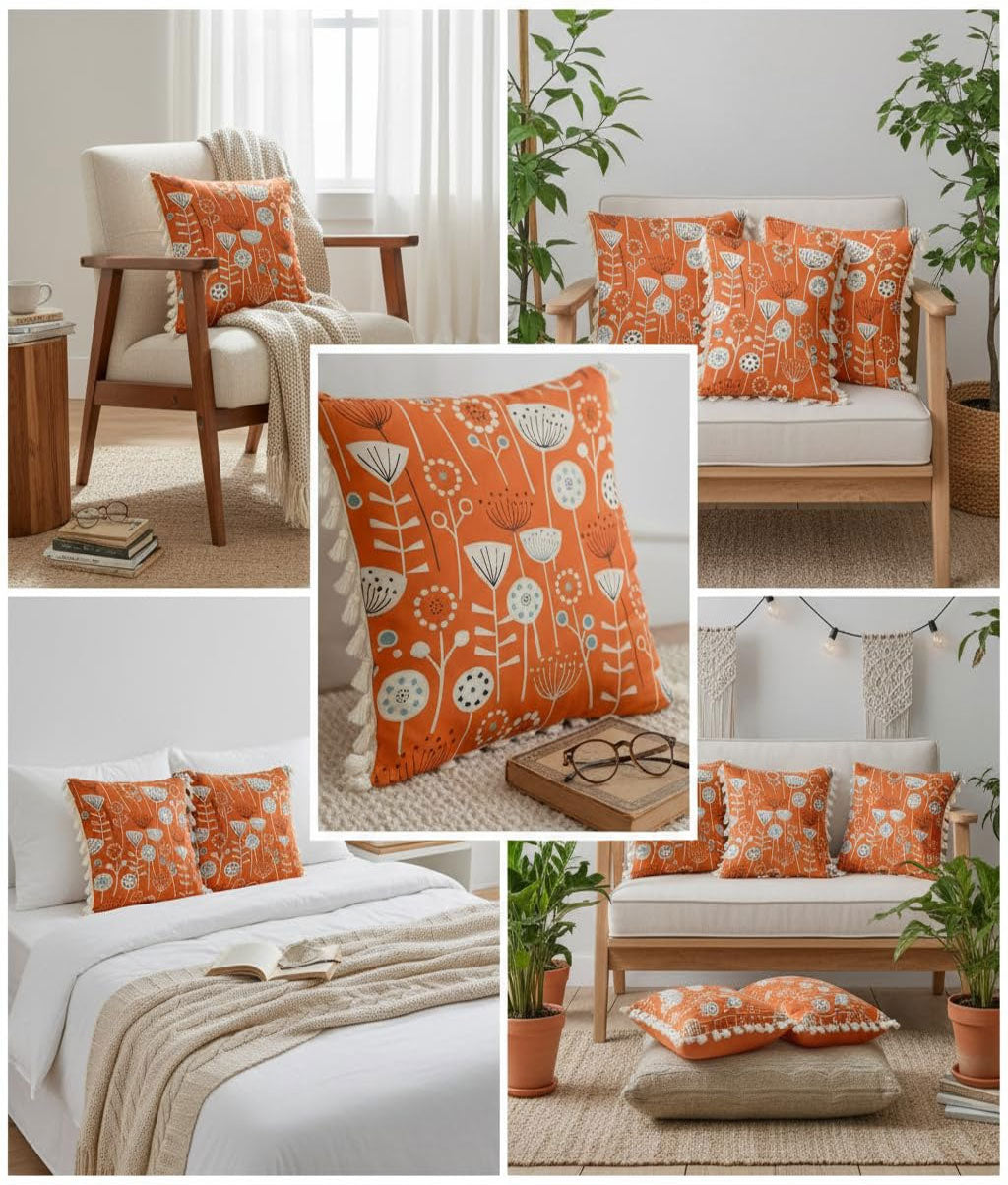 Floral Print Decorative Cushion Cover 16 x 16  inches, Set of 5, Cotton.(RED__CC011) - Royal events&decors #