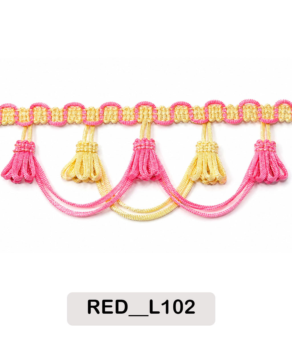 Pink Yellow Hanging Tassel Lace Border (RED__L102)