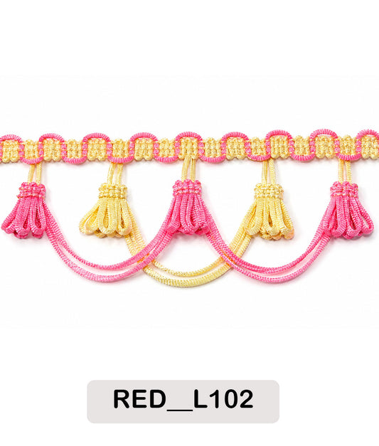 Pink Yellow Hanging Tassel Lace Border (RED__L102)