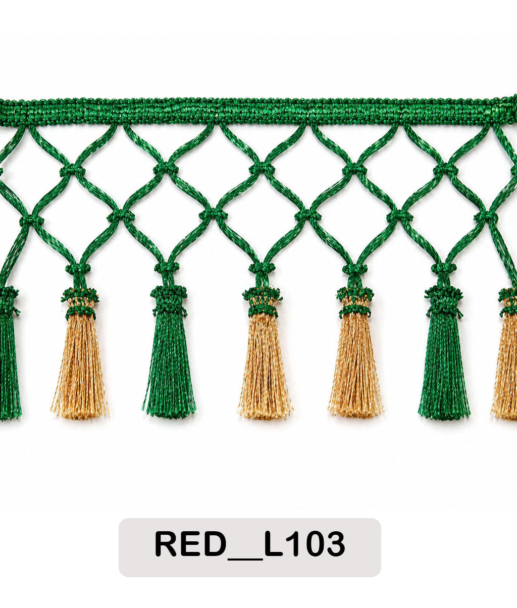 Elegant Green & Gold Net Tassel Lace Trim (RED__L103)