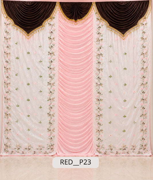 Pastel Pink & Velvet Brown Floral Embroidered Stage Curtain