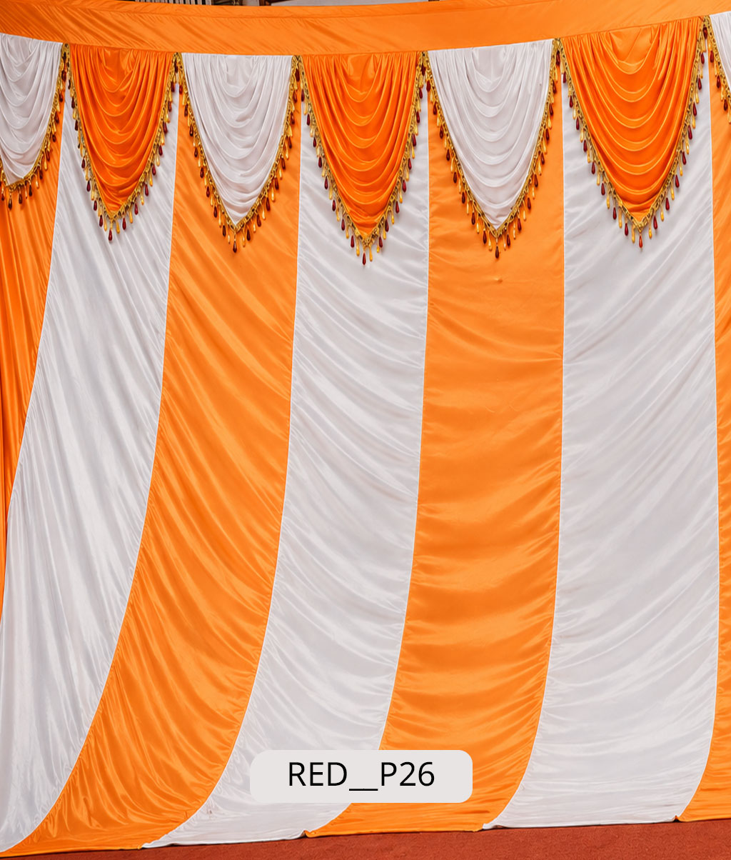 Bright Orange & White Festive Draped Stage Curtain