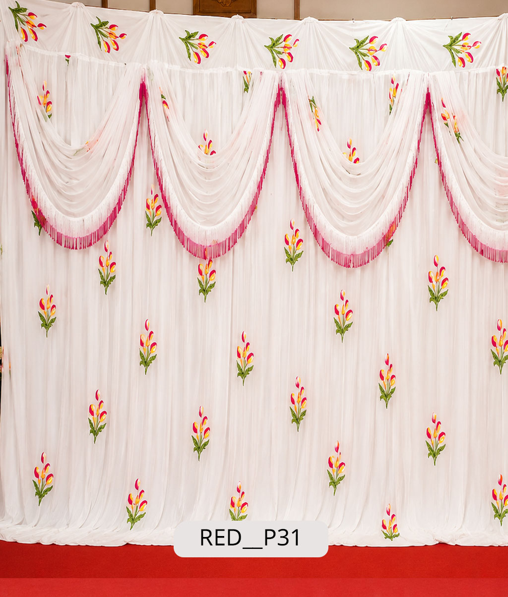 White Sheer Draped Stage Curtain with Elegant Floral Bootis