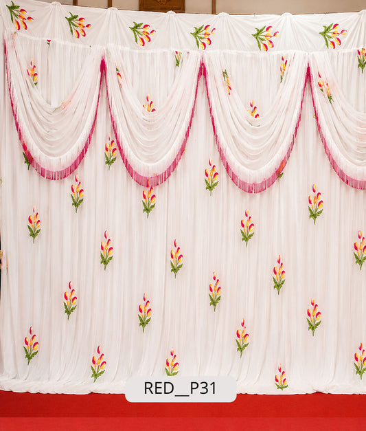 White Sheer Draped Stage Curtain with Elegant Floral Bootis