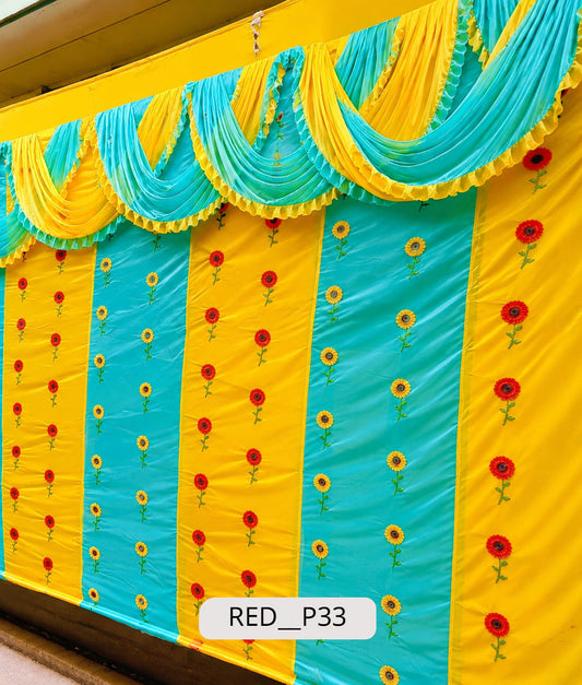 Vibrant Yellow & Turquoise Floral Grid Haldi Stage Curtain (RED__P33)