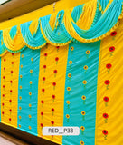 Vibrant Yellow & Turquoise Floral Grid Haldi Stage Curtain (RED__P33)