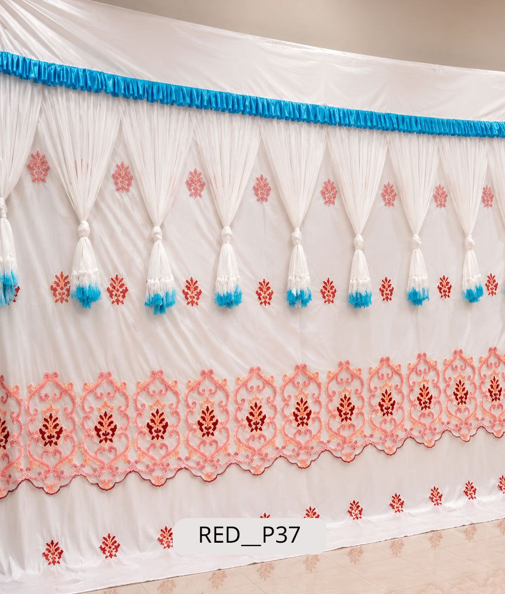 White Net Drapery with Sky Blue Tassels Stage Curtain (RED__P37)