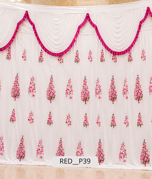 Classic White Georgette Stage Curtain with Pink Floral Trees