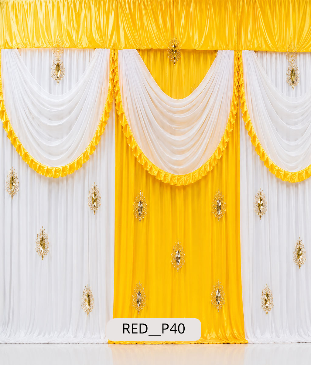 Royal Yellow & White Fusion Stage Curtain with Gold Brooches 