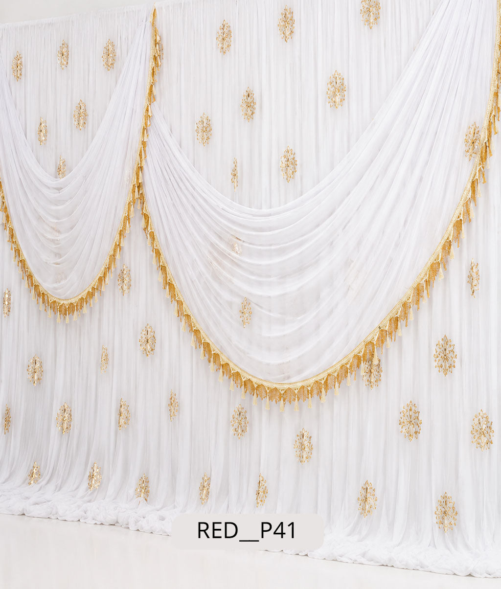 Pristine White Sheer Stage Curtain with Golden Zari Brooches (RED__P41)