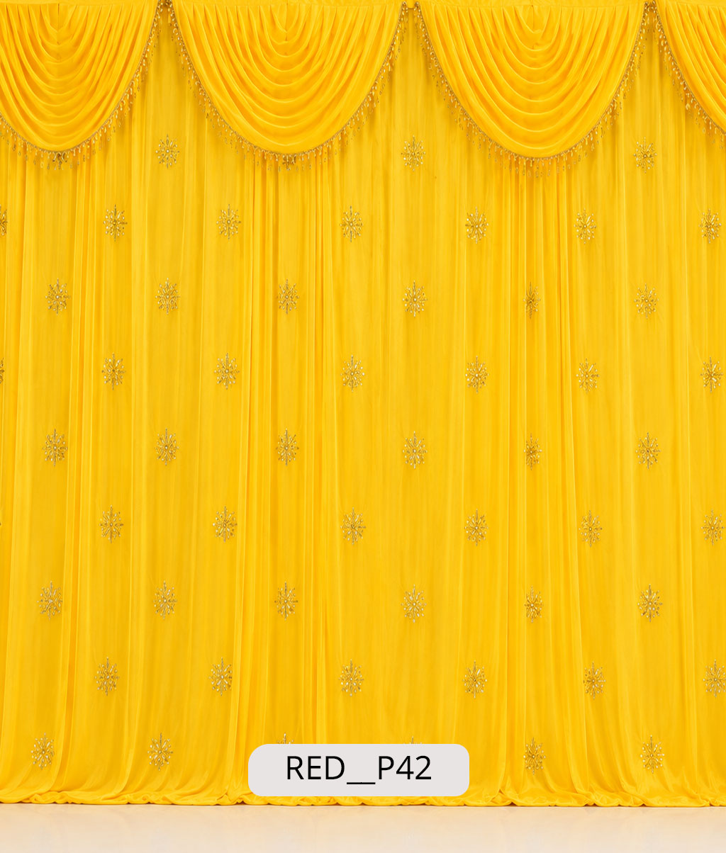 Bright Haldi Yellow Stage Curtain with Crystal Star Brooches (RED__P42)