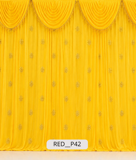 Bright Haldi Yellow Stage Curtain with Crystal Star Brooches (RED__P42)