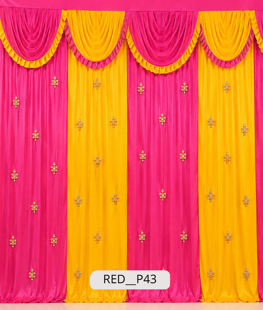Vibrant Pink & Yellow Traditional Festive Striped Stage Curtain (RED__P43)