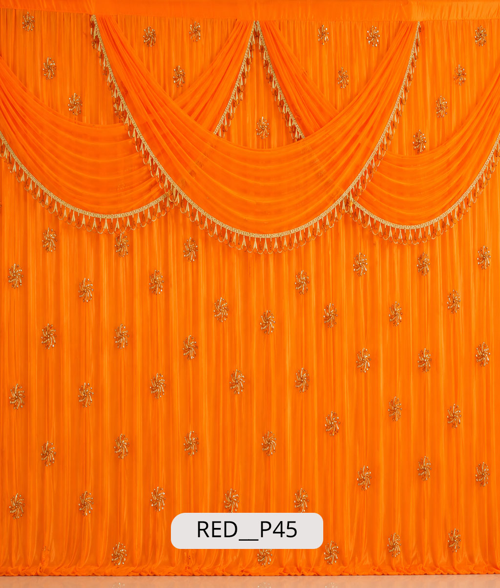 Royal Orange Shimmer Stage Curtain with Intricate Swag Drapes 