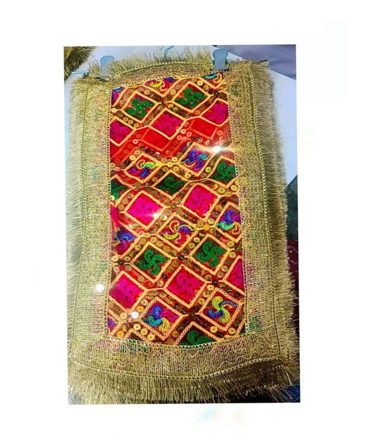Multicolor Swastik Design Mata Chunri with Heavy Golden Fringe