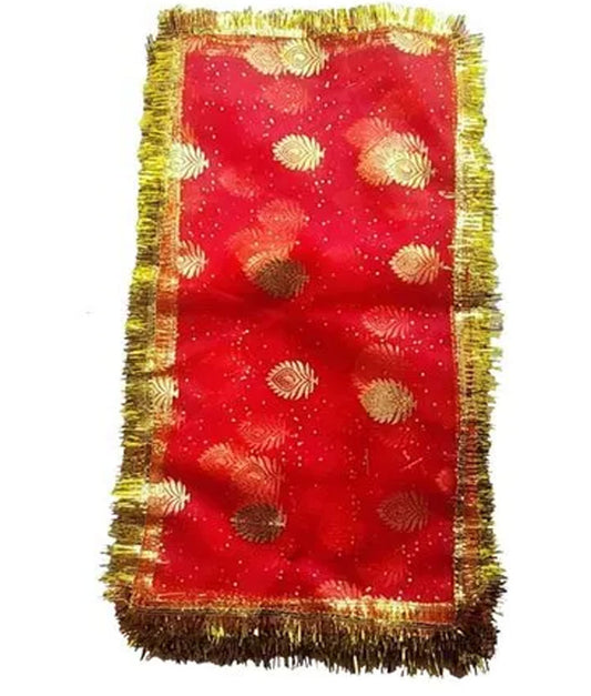 Red Printed Mata Chunri with Golden Butti & Fringe Lace