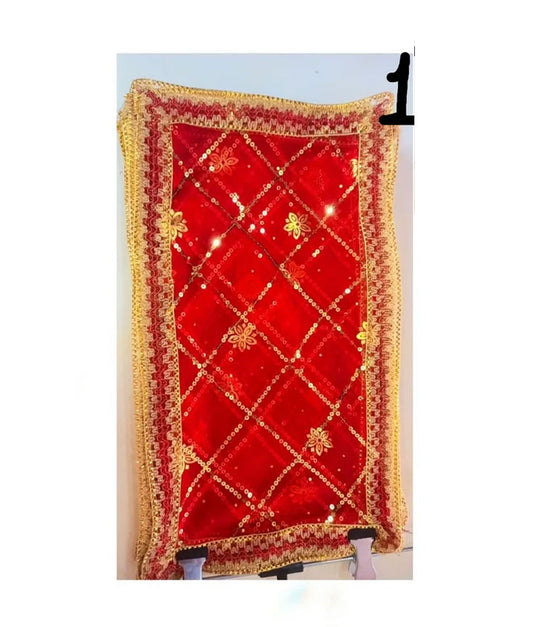 Designer Red Mata Chunri with Sequin Check Pattern & Lace Border