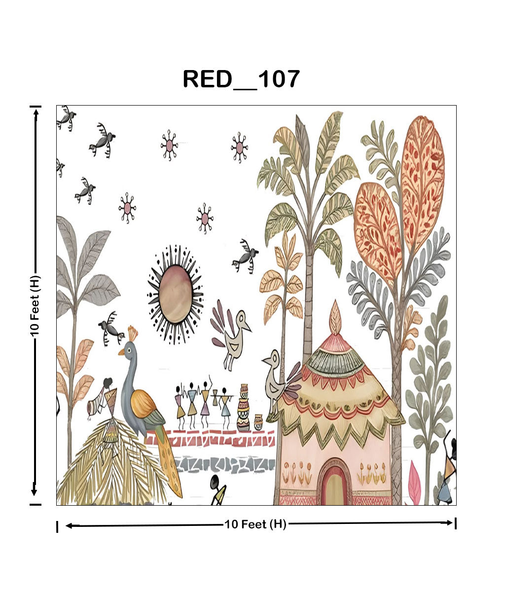 Red Tribal Village Wallpaper Mural – Handcrafted Ethnic Art Wall Covering(RED_107) 2