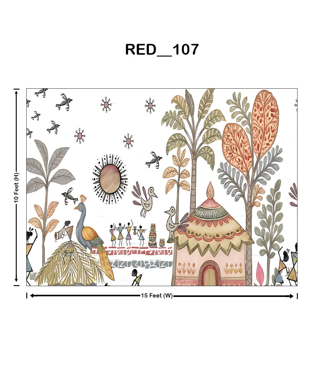 Red Tribal Village Wallpaper Mural – Handcrafted Ethnic Art Wall Covering(RED_107) 4